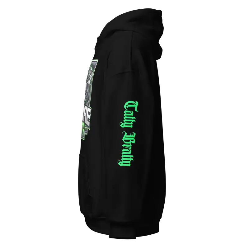 Black hoodie with green lettering.