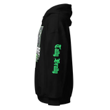 Black hoodie with green lettering.