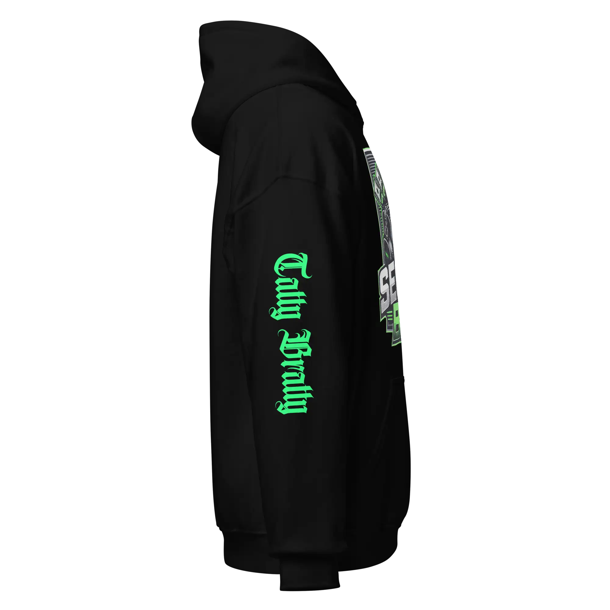Black hoodie with green lettering.