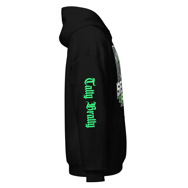 Black hoodie with green lettering.