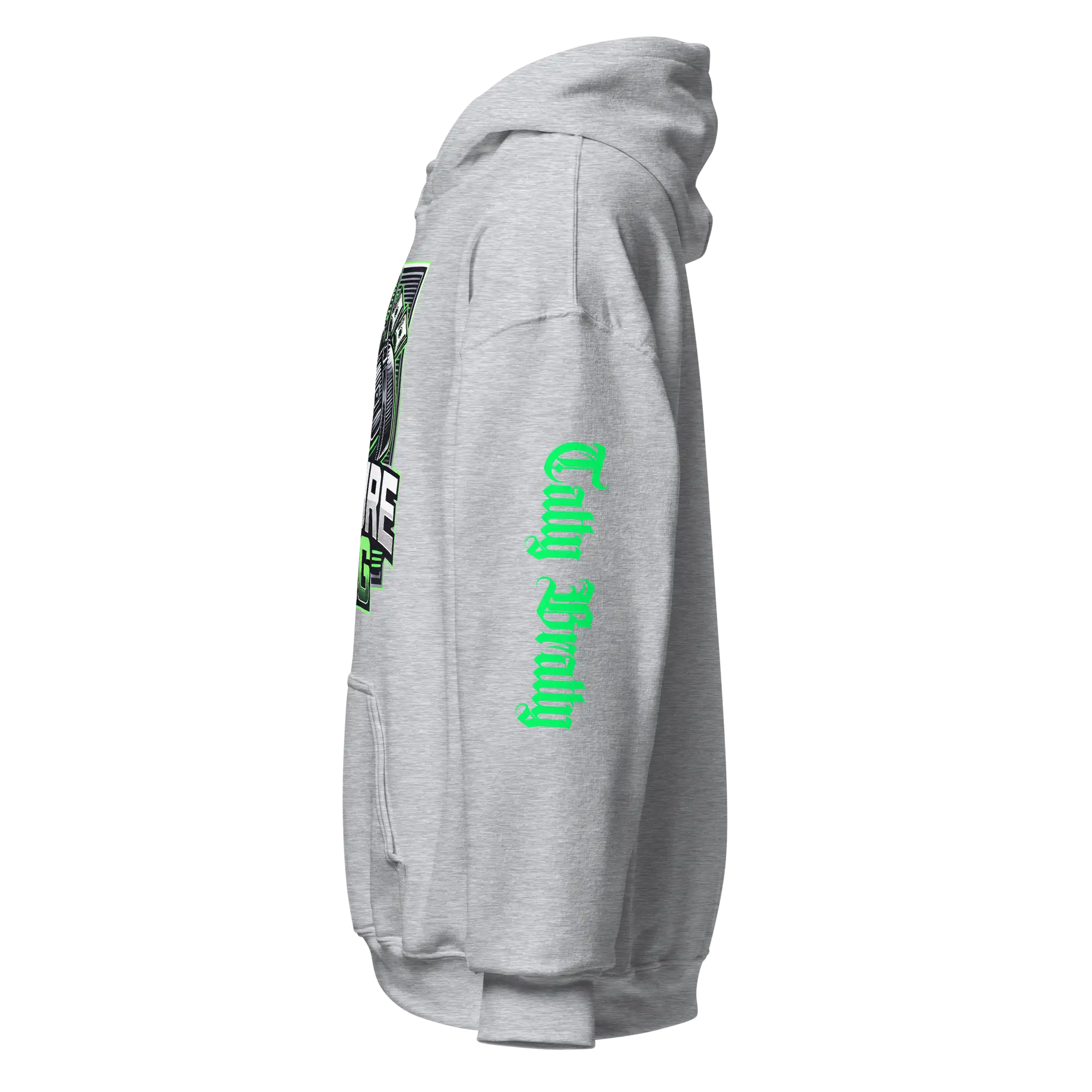 Gray hoodie with green text.