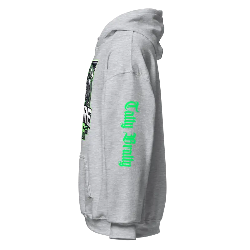 Gray hoodie with green text.