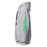 Gray hoodie with green text.