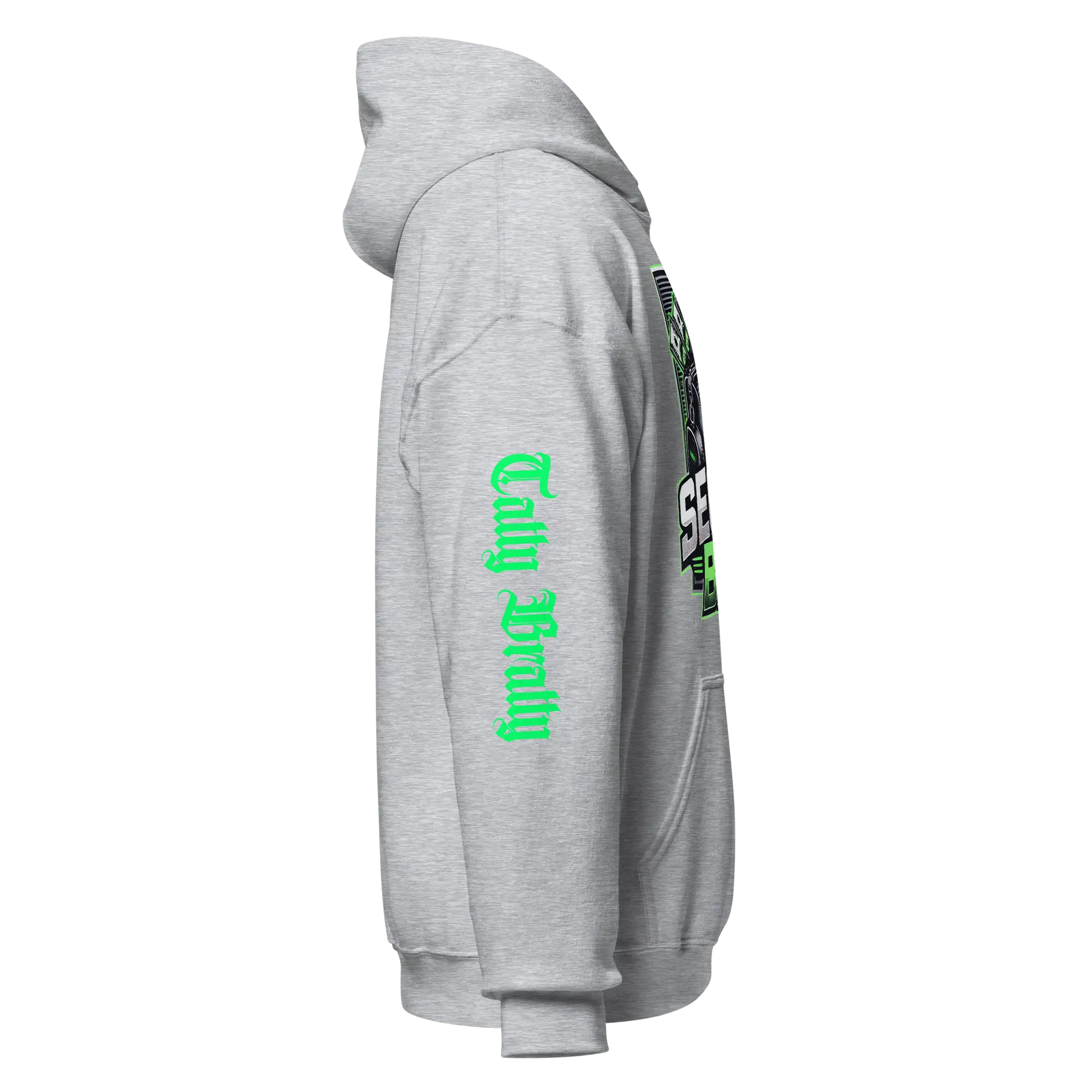 Gray hooded sweatshirt.