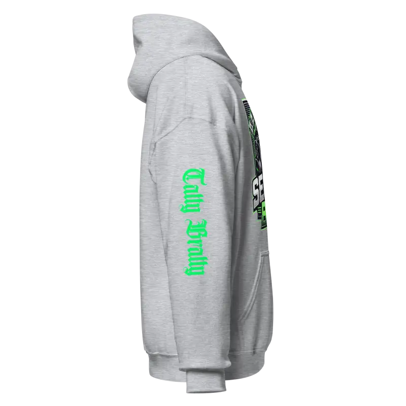 Gray hooded sweatshirt.