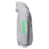 Gray hooded sweatshirt.