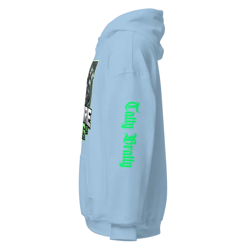 Light blue hoodie.