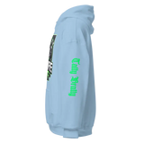 Light blue hoodie.