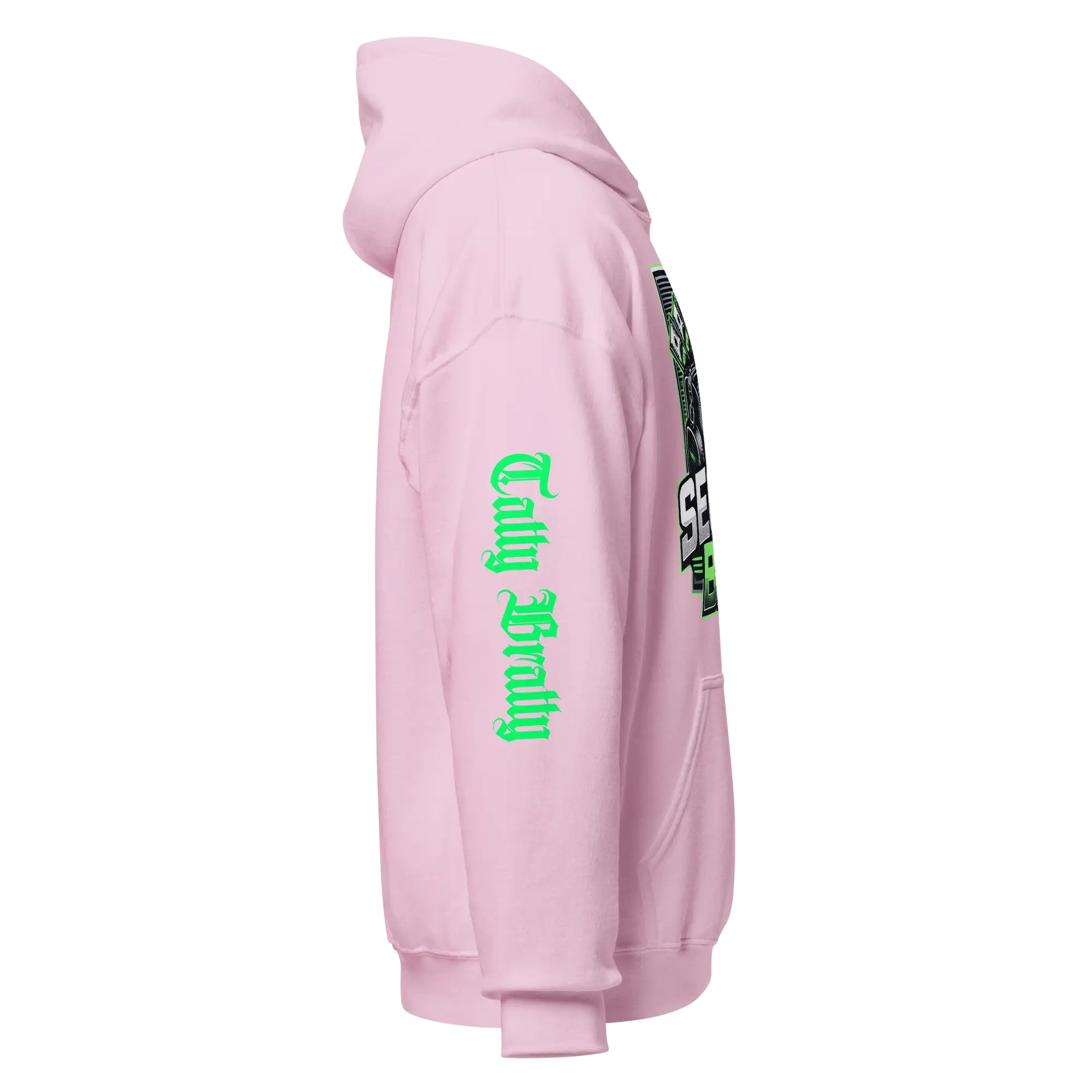 Pink hoodie with green lettering.