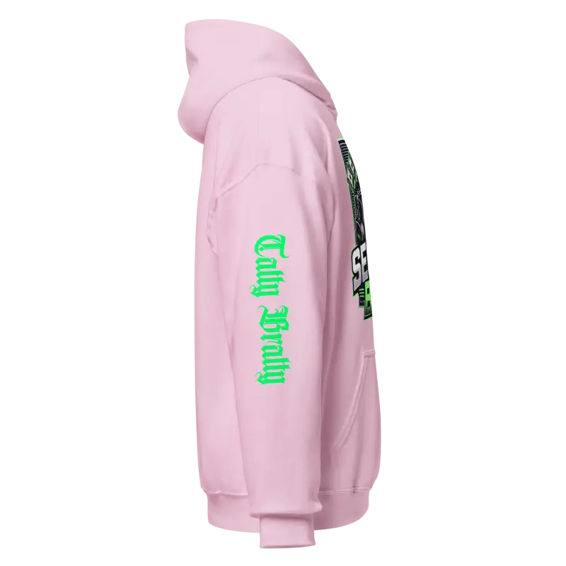 Pink hoodie with green lettering.