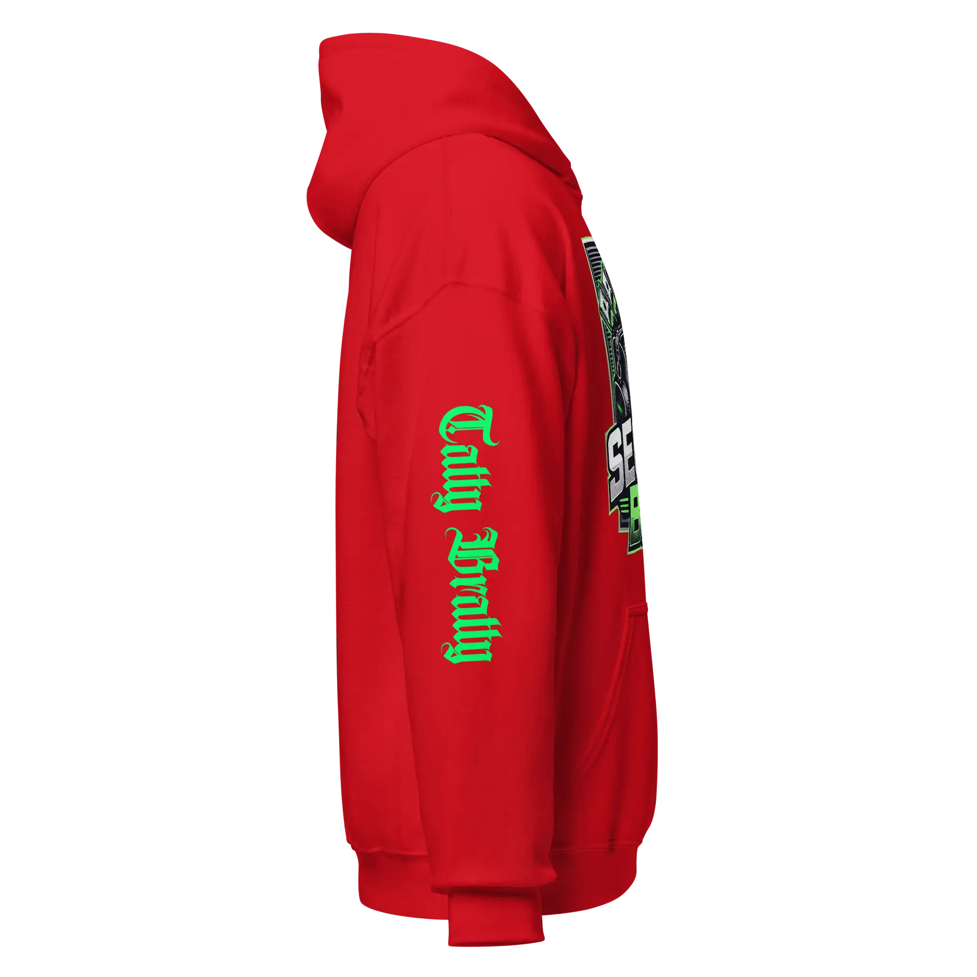 Red hoodie with green lettering.