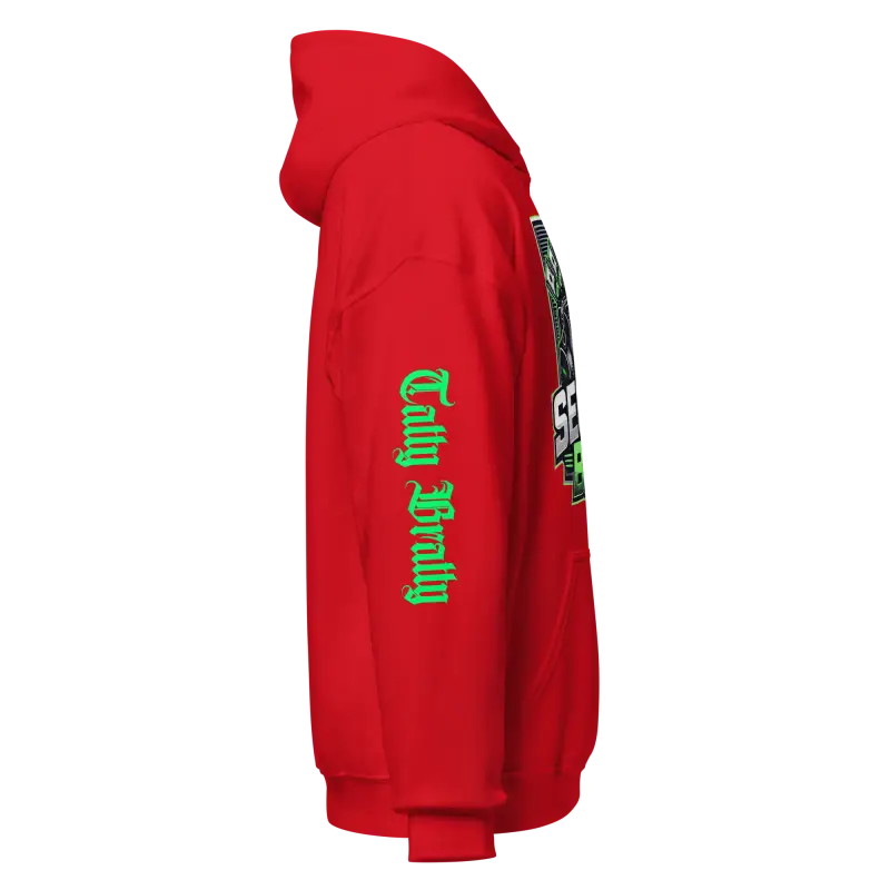 Red hoodie with green lettering.