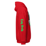 Red hoodie with green lettering.