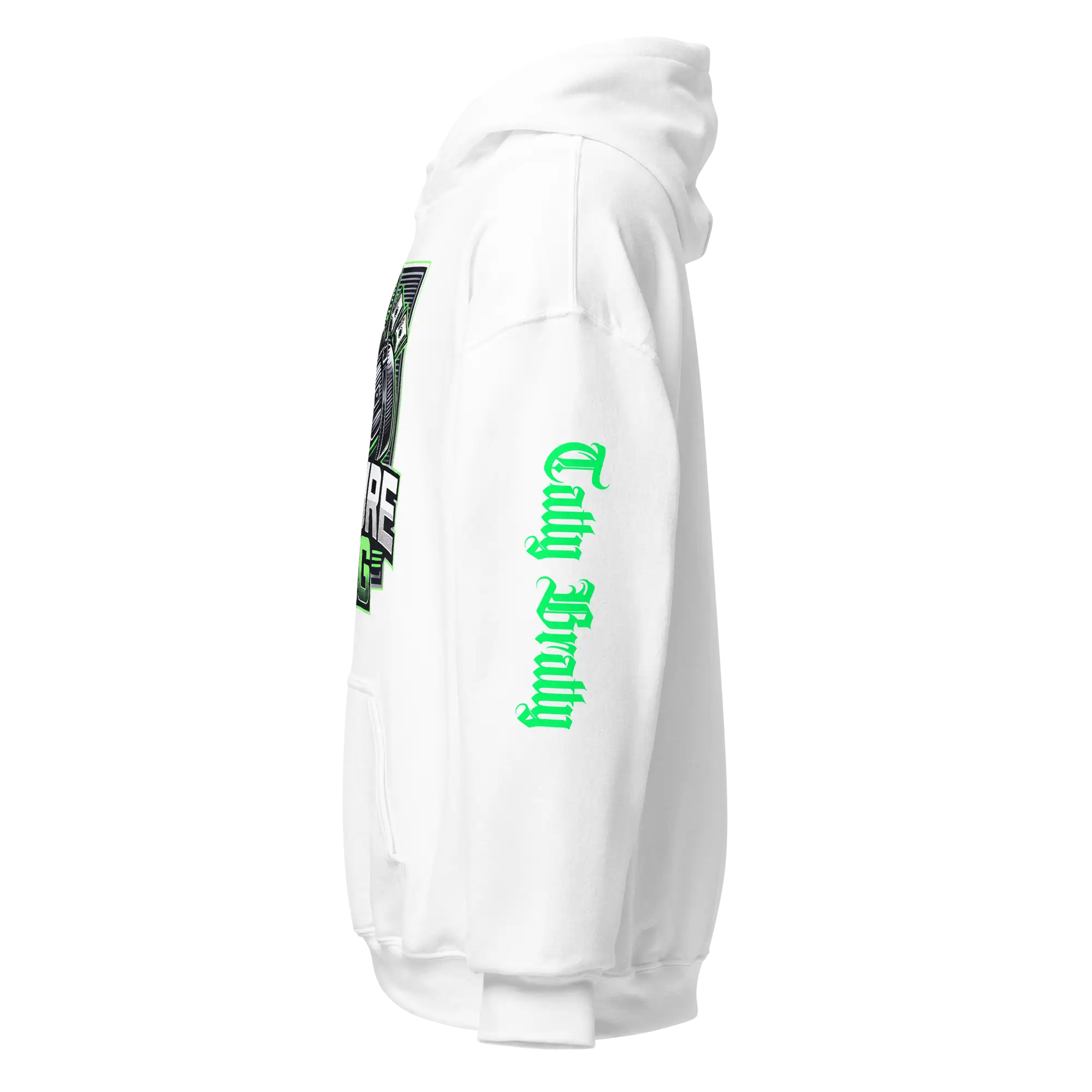 White hoodie with green text.