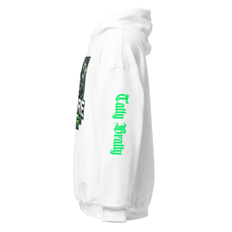 White hoodie with green text.