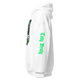 White hoodie with green text.