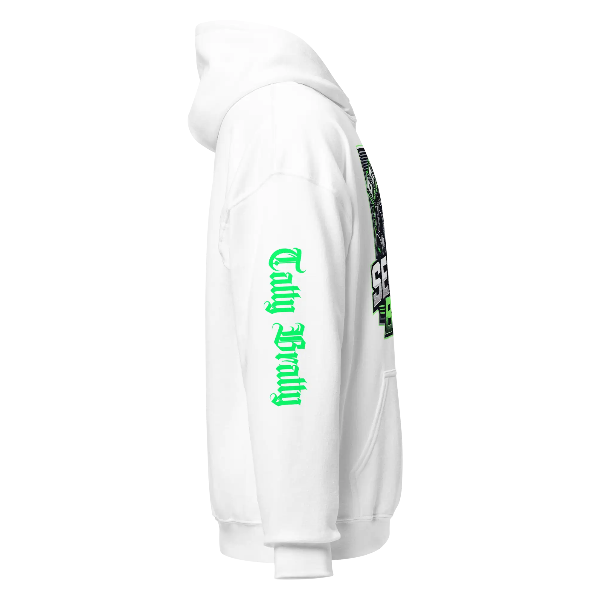 White hoodie with green text.