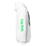 White hoodie with green text.