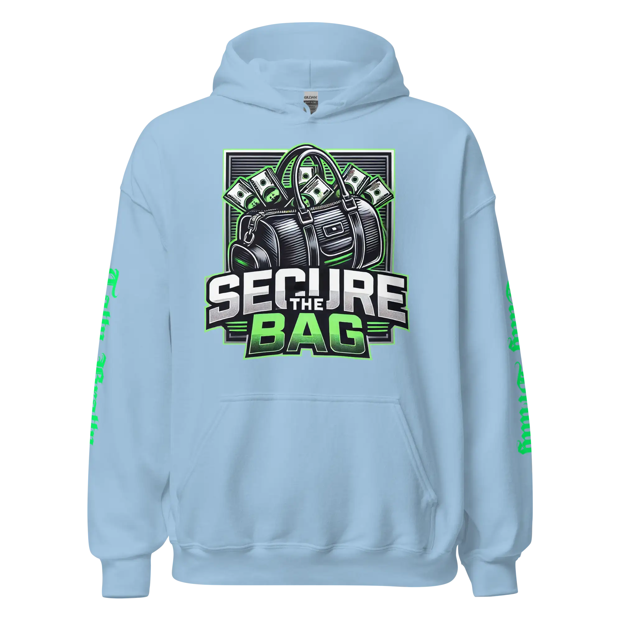 Light blue hoodie with money bag graphic.