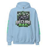 Light blue hoodie with money bag graphic.