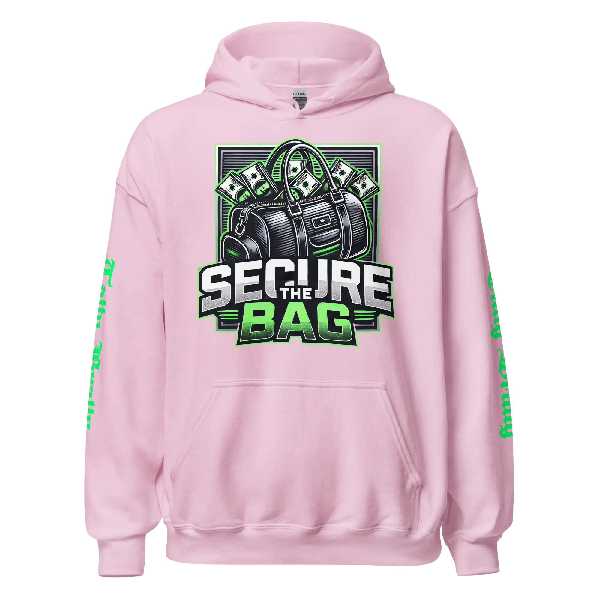 Pink hoodie with money bag graphic.