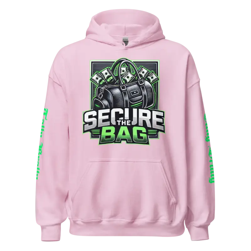 Pink hoodie with money bag graphic.