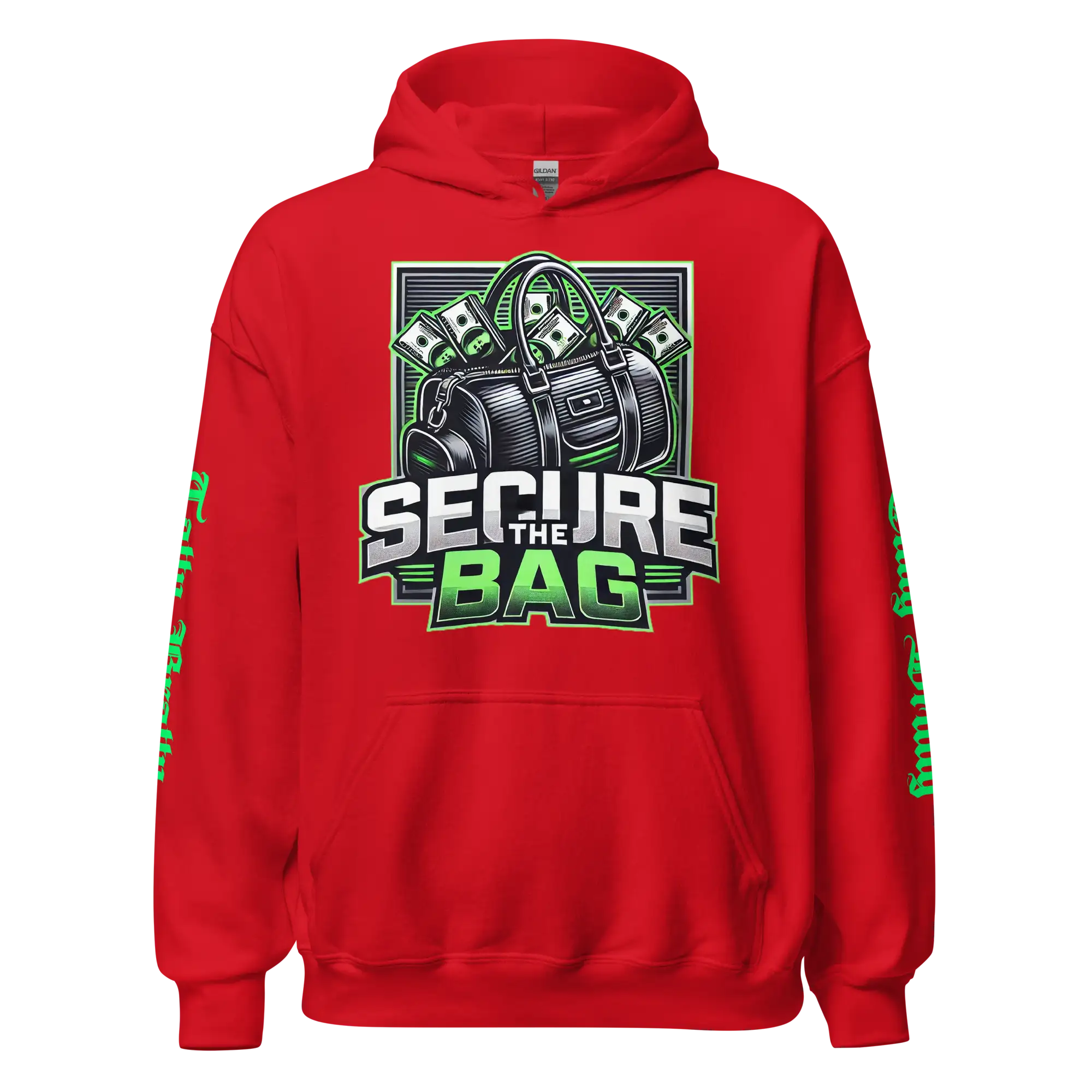 Red hoodie with ’Secure the Bag’ graphic.