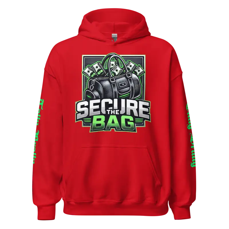 Red hoodie with ’Secure the Bag’ graphic.