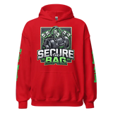 Red hoodie with ’Secure the Bag’ graphic.
