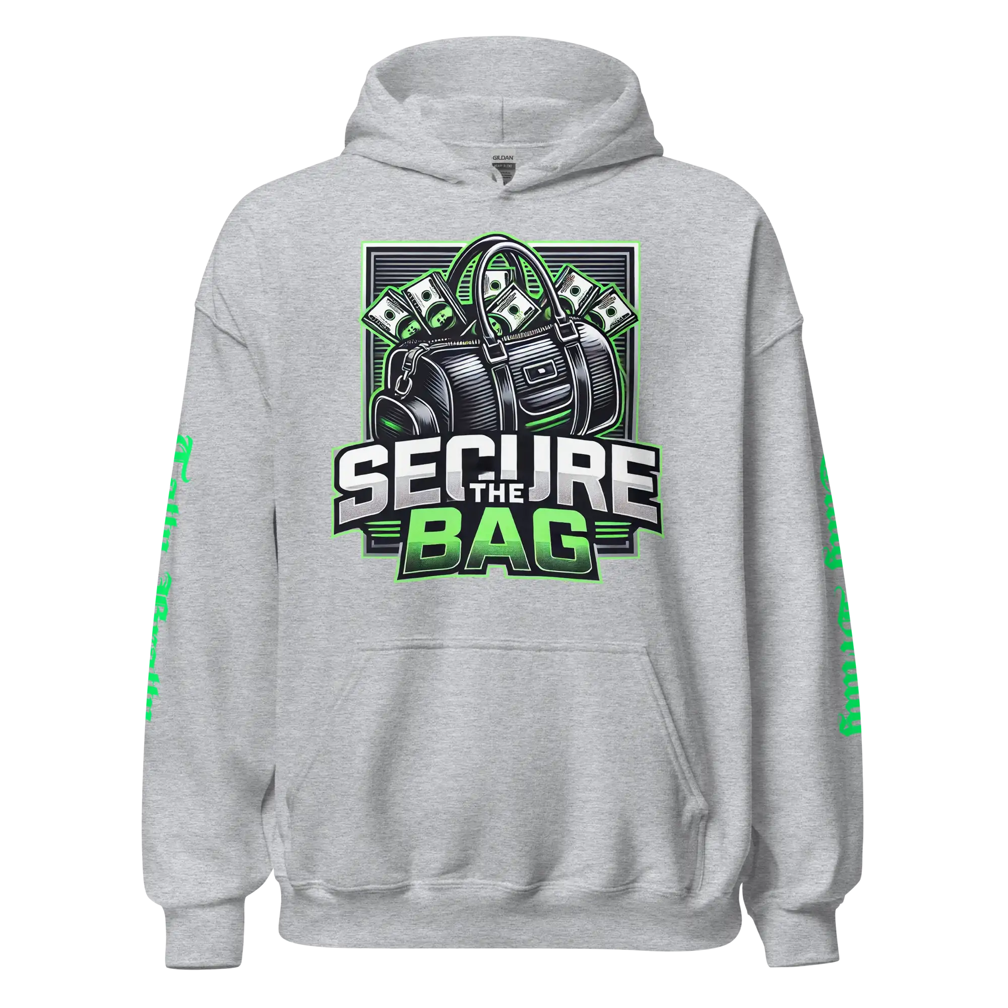 Gray hoodie with ’Secure the Bag’ design.