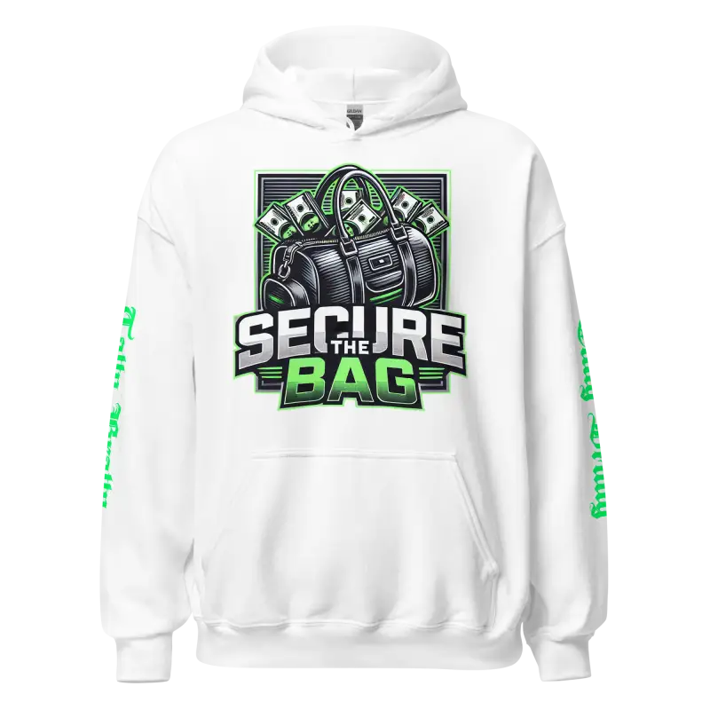 White hoodie with money bag graphic.
