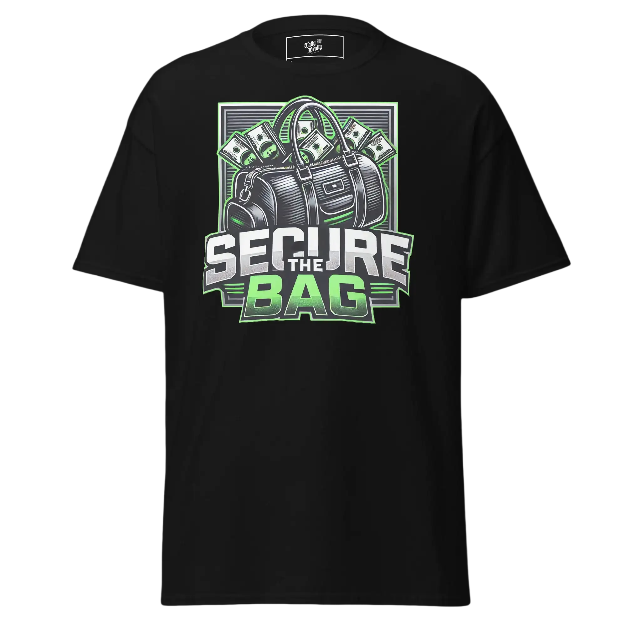 Black t-shirt with ’Secure the Bag’ graphic.