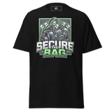 Black t-shirt with ’Secure the Bag’ graphic.