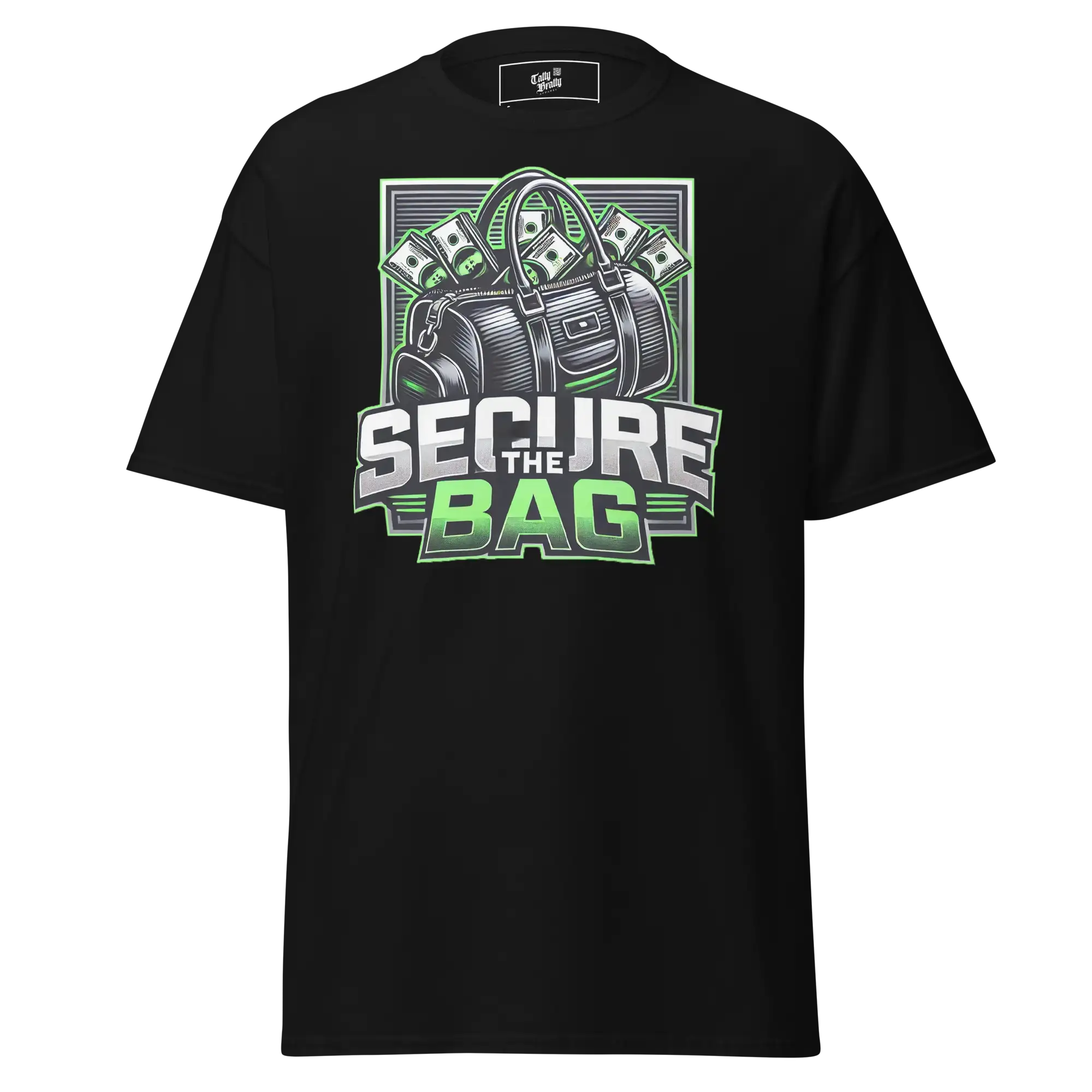 Black t-shirt with ’Secure the Bag’ graphic.