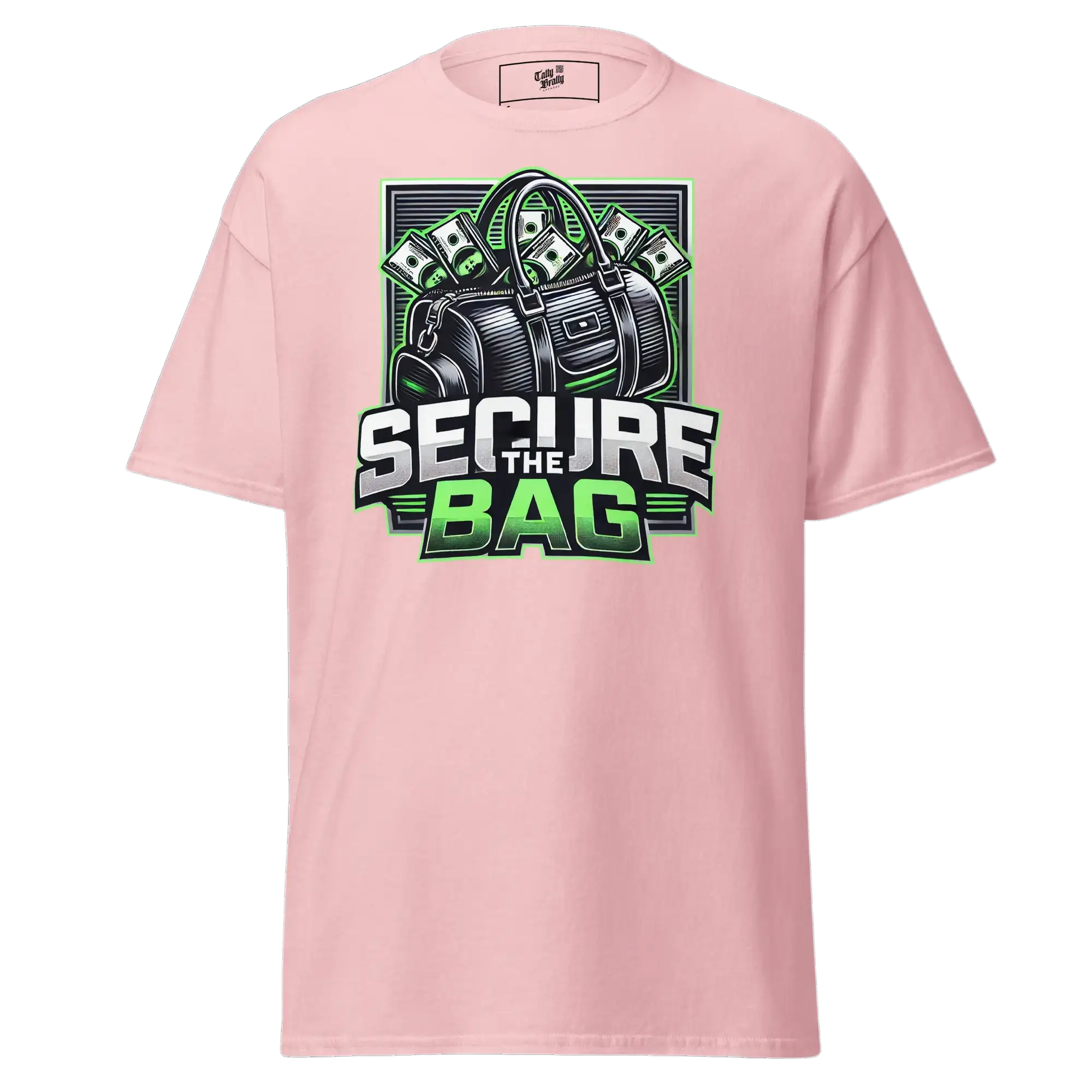 Pink t-shirt with ’Secure the Bag’ graphic.