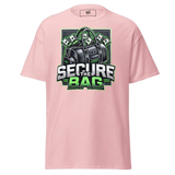 Pink t-shirt with ’Secure the Bag’ graphic.