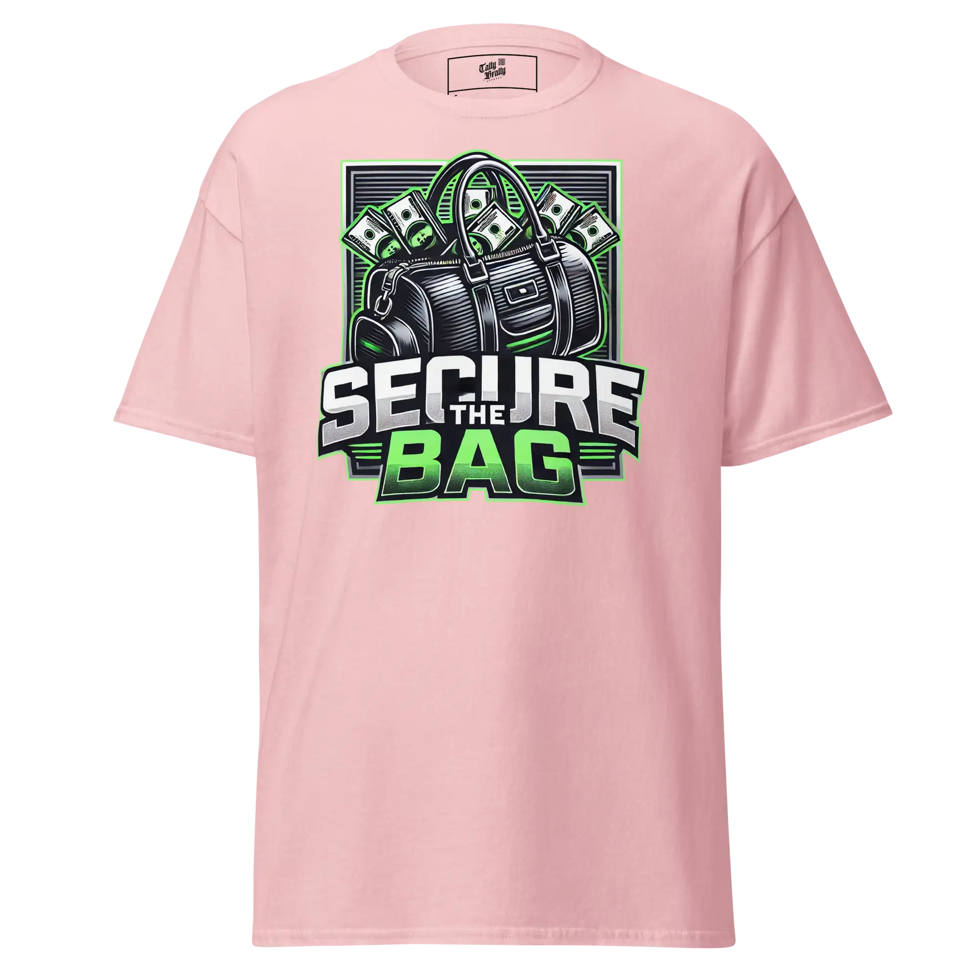 Pink t-shirt with ’Secure the Bag’ graphic.