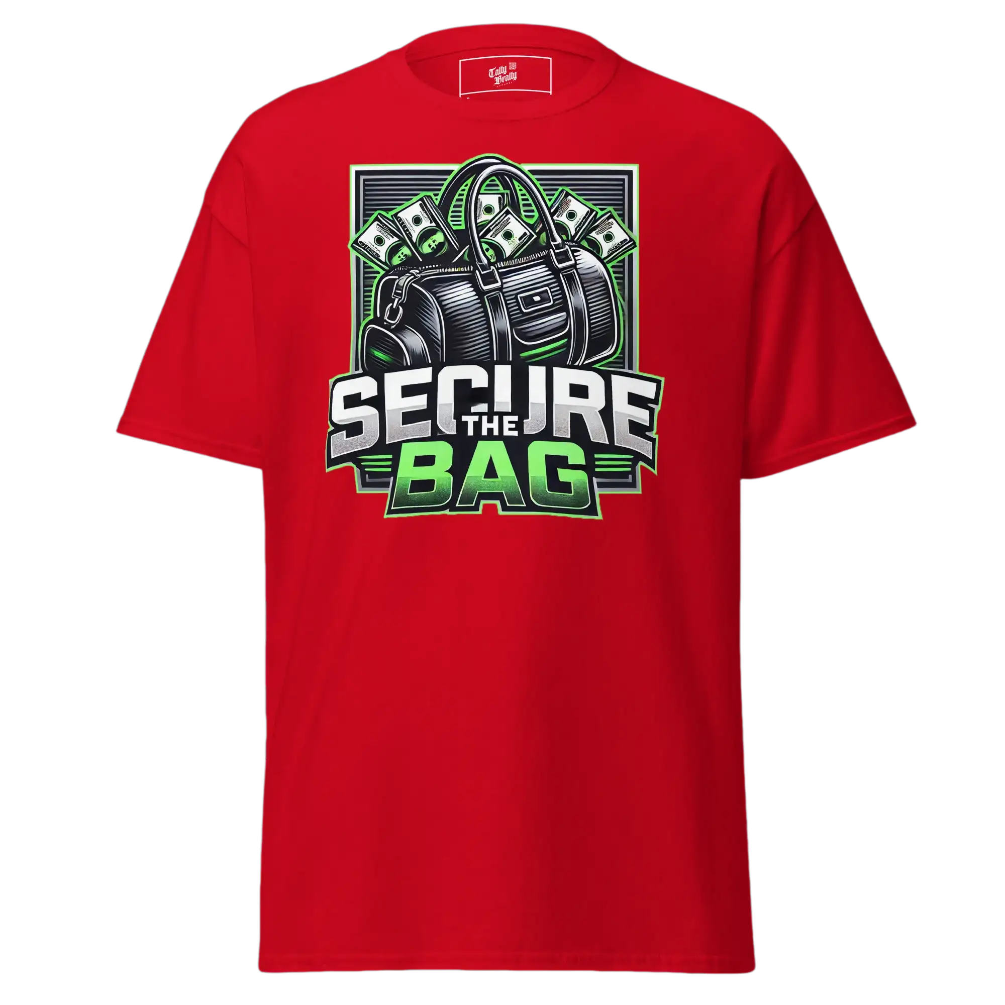 Red t-shirt with ’Secure the Bag’ graphic.