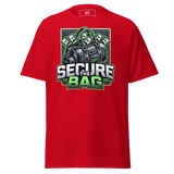 Red t-shirt with ’Secure the Bag’ graphic.
