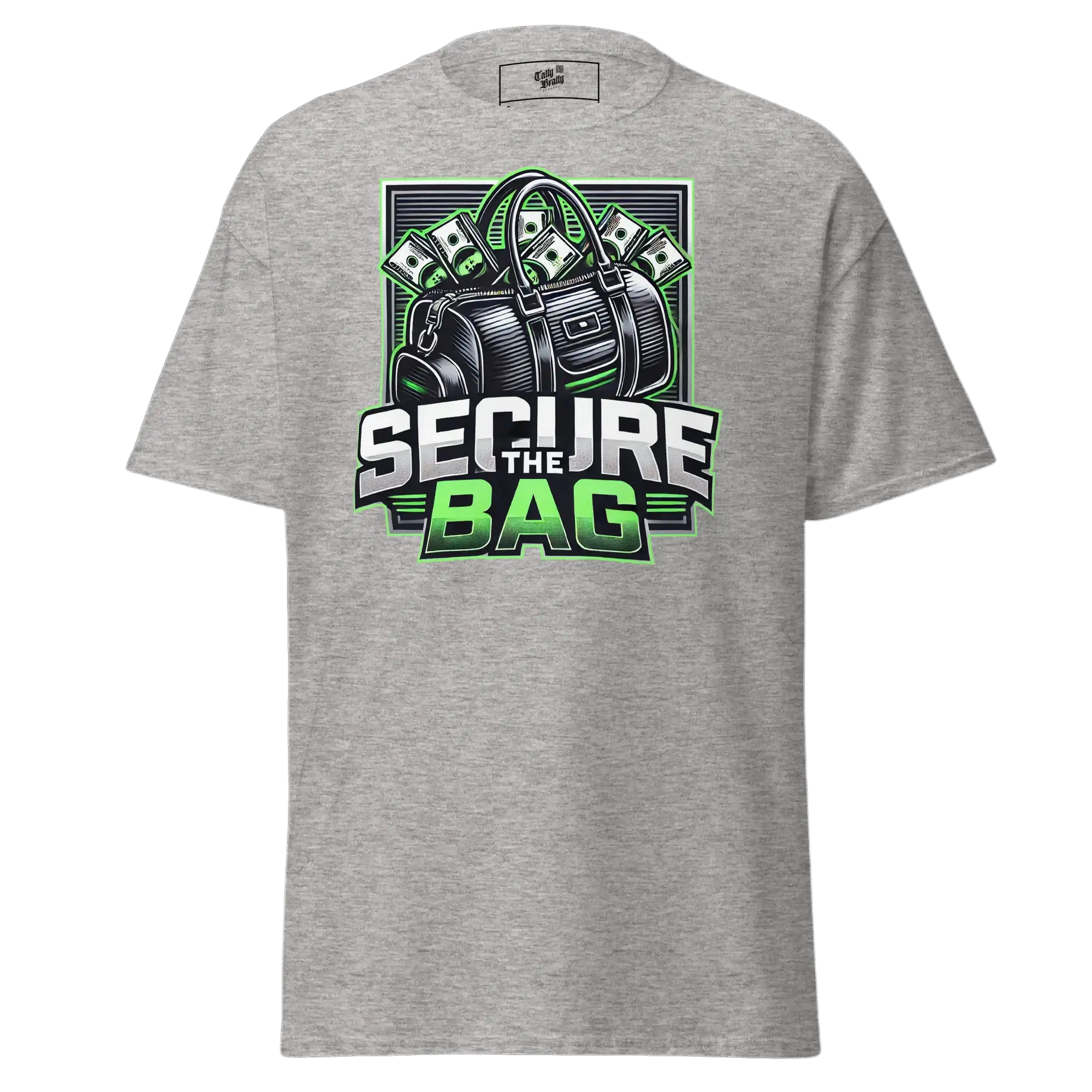 Gray t-shirt with ’Secure the Bag’ graphic.