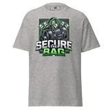 Gray t-shirt with ’Secure the Bag’ graphic.