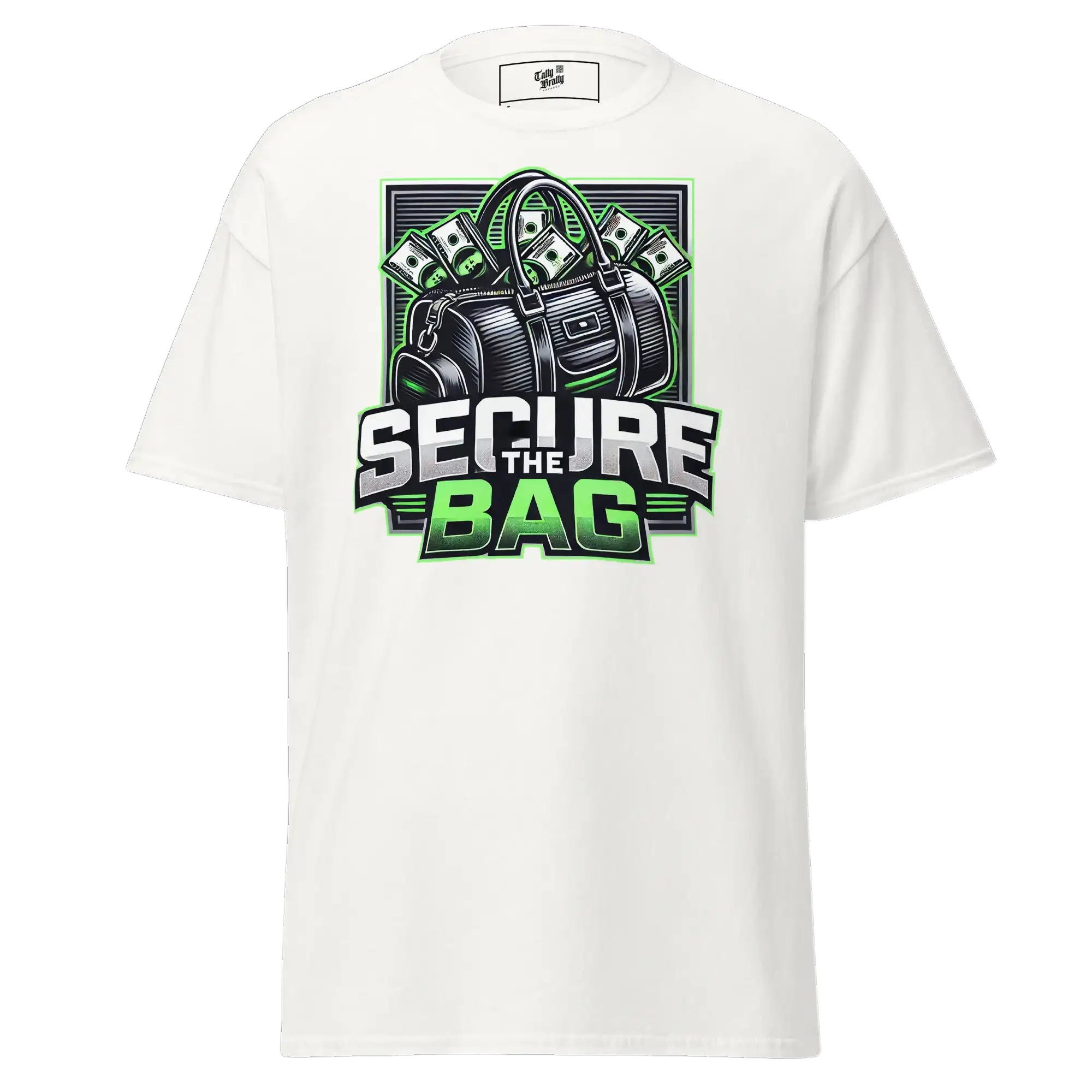 White t-shirt with ’Secure the Bag’ graphic.