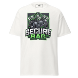 White t-shirt with ’Secure the Bag’ graphic.