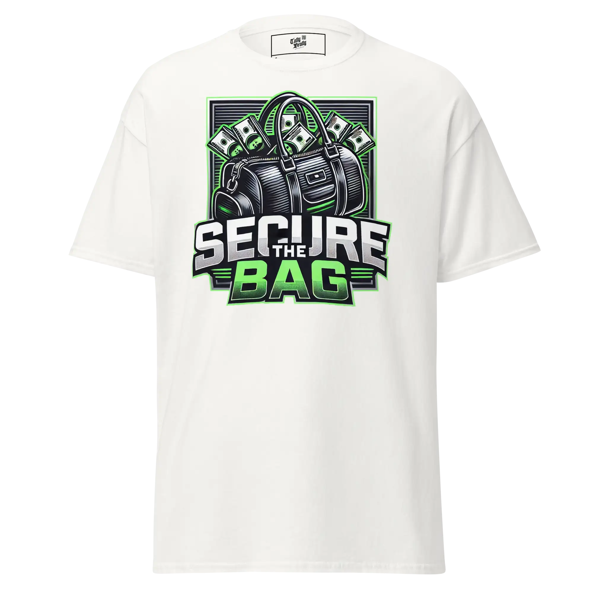 White t-shirt with ’Secure the Bag’ graphic.