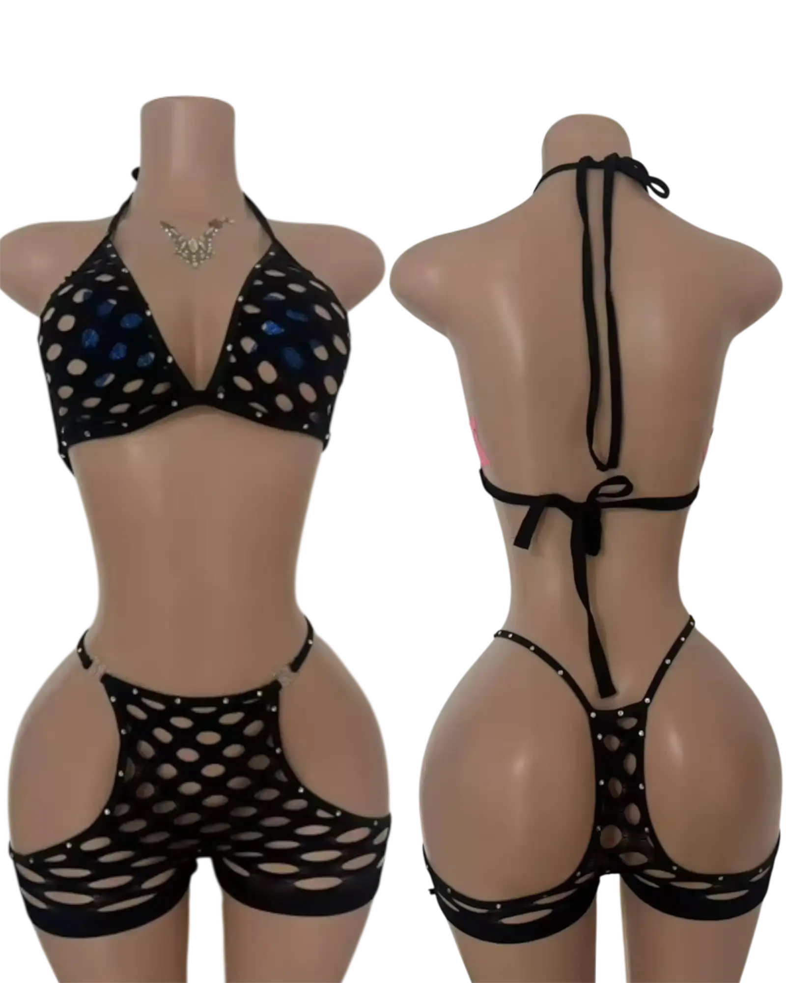 SinNet Rhinestone Short Set – Sexy Fishnet Two-Piece Outfit - Black / One Size Fits Most - Dancewear