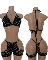 SinNet Rhinestone Short Set – Sexy Fishnet Two-Piece Outfit - Black / One Size Fits Most - Dancewear