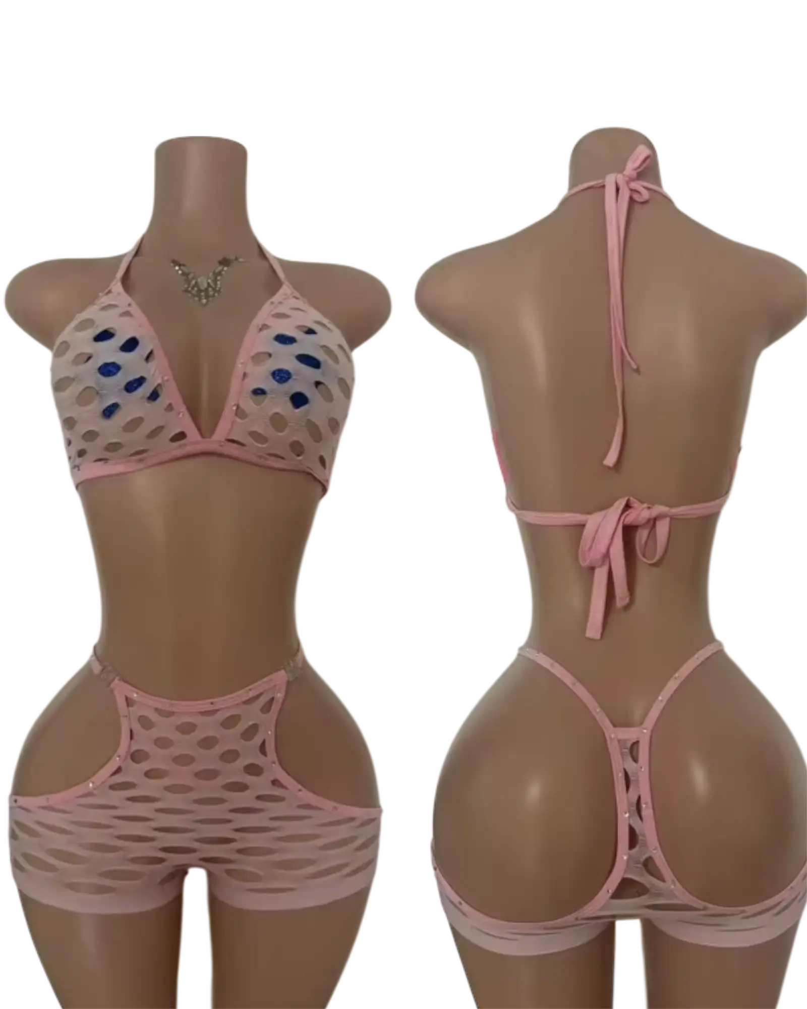 SinNet Rhinestone Short Set – Sexy Fishnet Two-Piece Outfit - Pink / One Size Fits Most - Dancewear