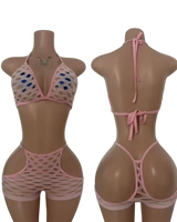 SinNet Rhinestone Short Set – Sexy Fishnet Two-Piece Outfit - Pink / One Size Fits Most - Dancewear