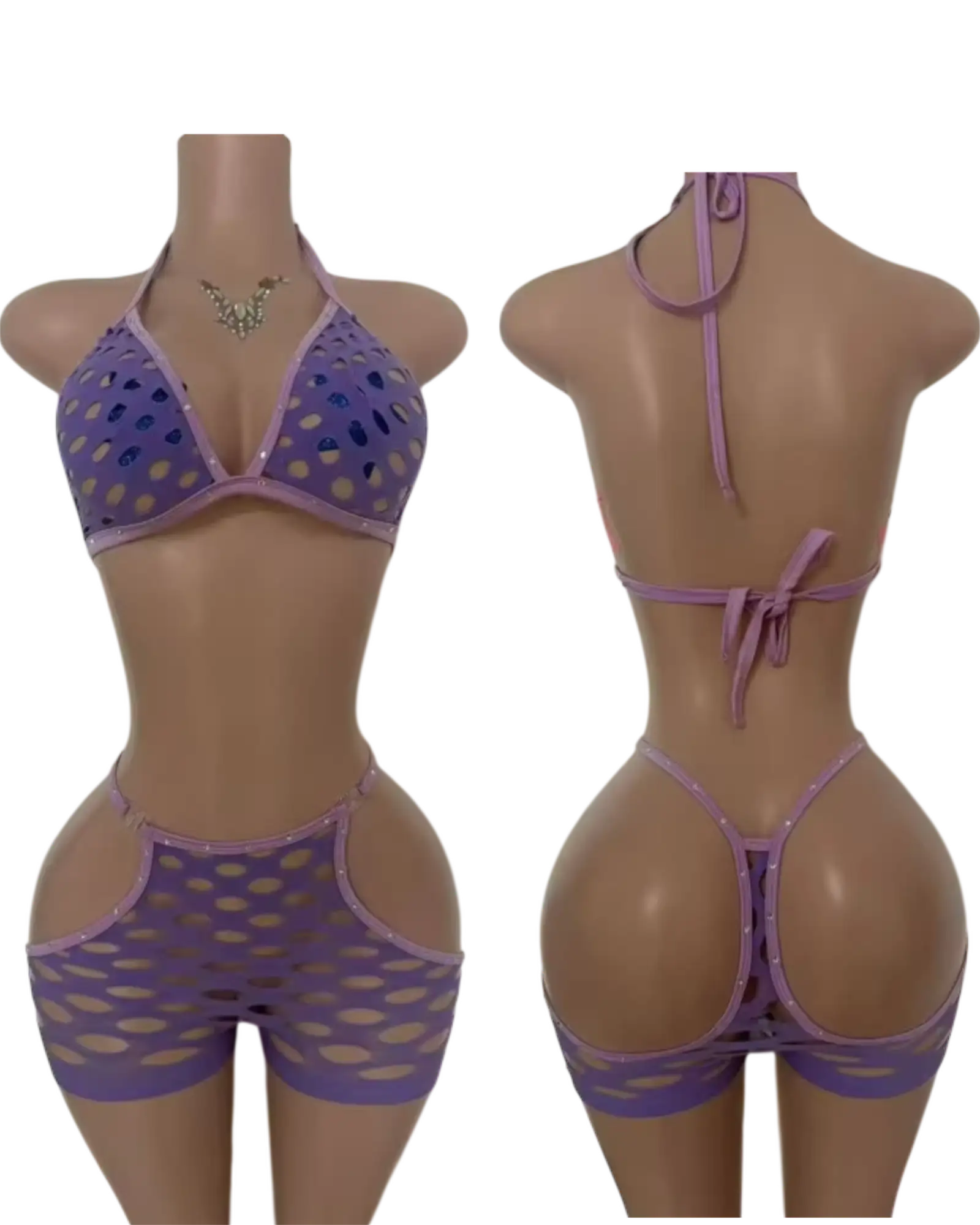 SinNet Rhinestone Short Set – Sexy Fishnet Two-Piece Outfit - Purple / One Size Fits Most - Dancewear