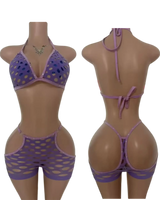SinNet Rhinestone Short Set – Sexy Fishnet Two-Piece Outfit - Purple / One Size Fits Most - Dancewear
